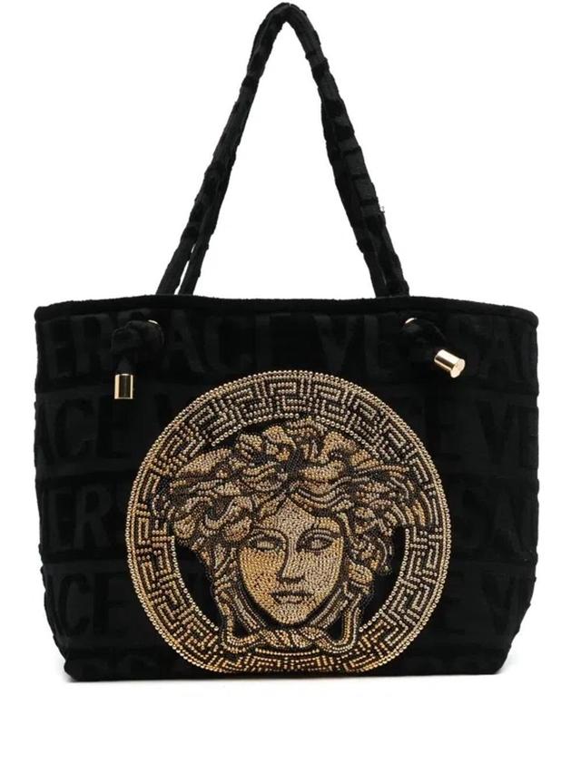 Black Cotton Medusa Embellished Tote Bag Product Image