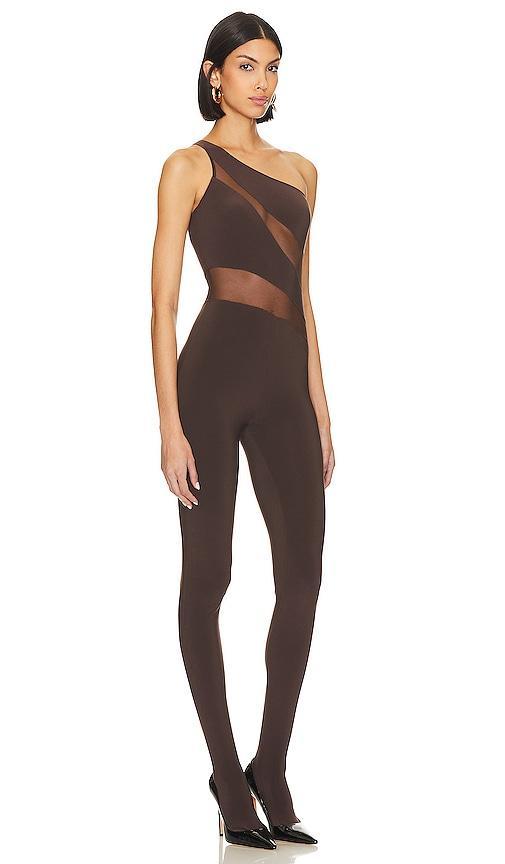 Norma Kamali Snake Mesh Catsuit With Footsie in Chocolate. Product Image