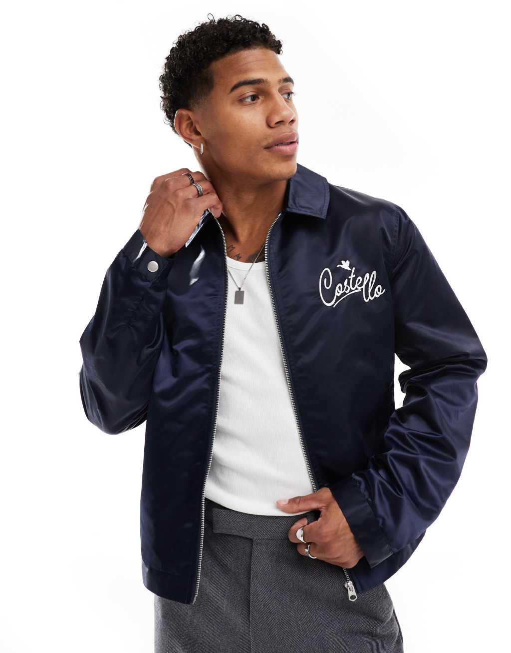 ASOS DESIGN embroidered nylon harrington jacket in navy Product Image