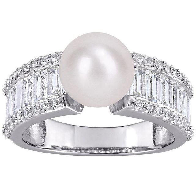 Stella Grace Sterling Silver Freshwater Cultured Pearl & Lab-Created White Sapphire Engagement Ring, Womens Product Image