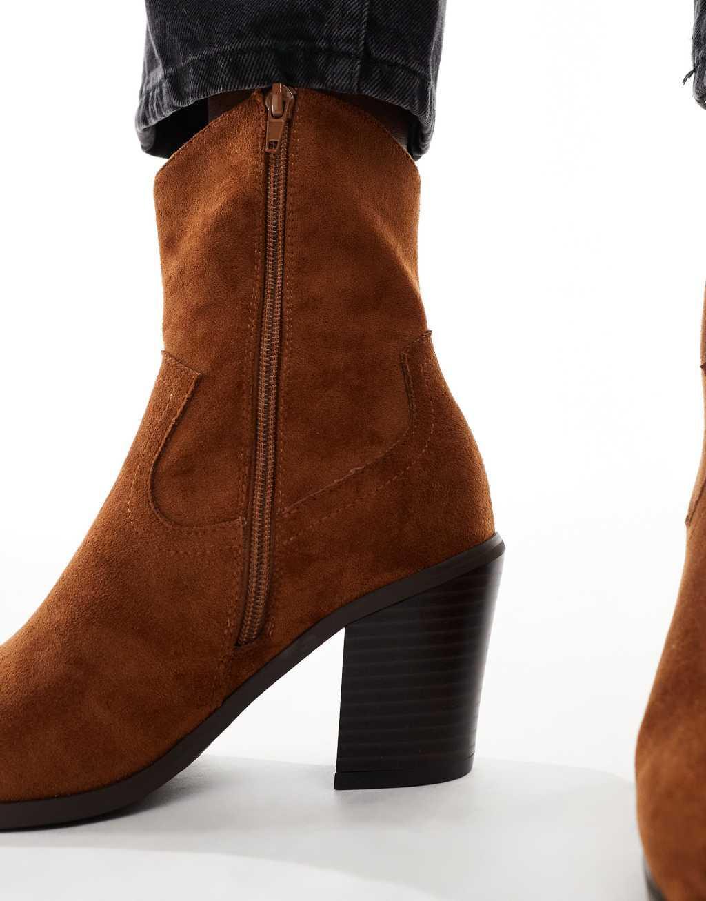 ASOS DESIGN Rational heeled western boots in brown Product Image