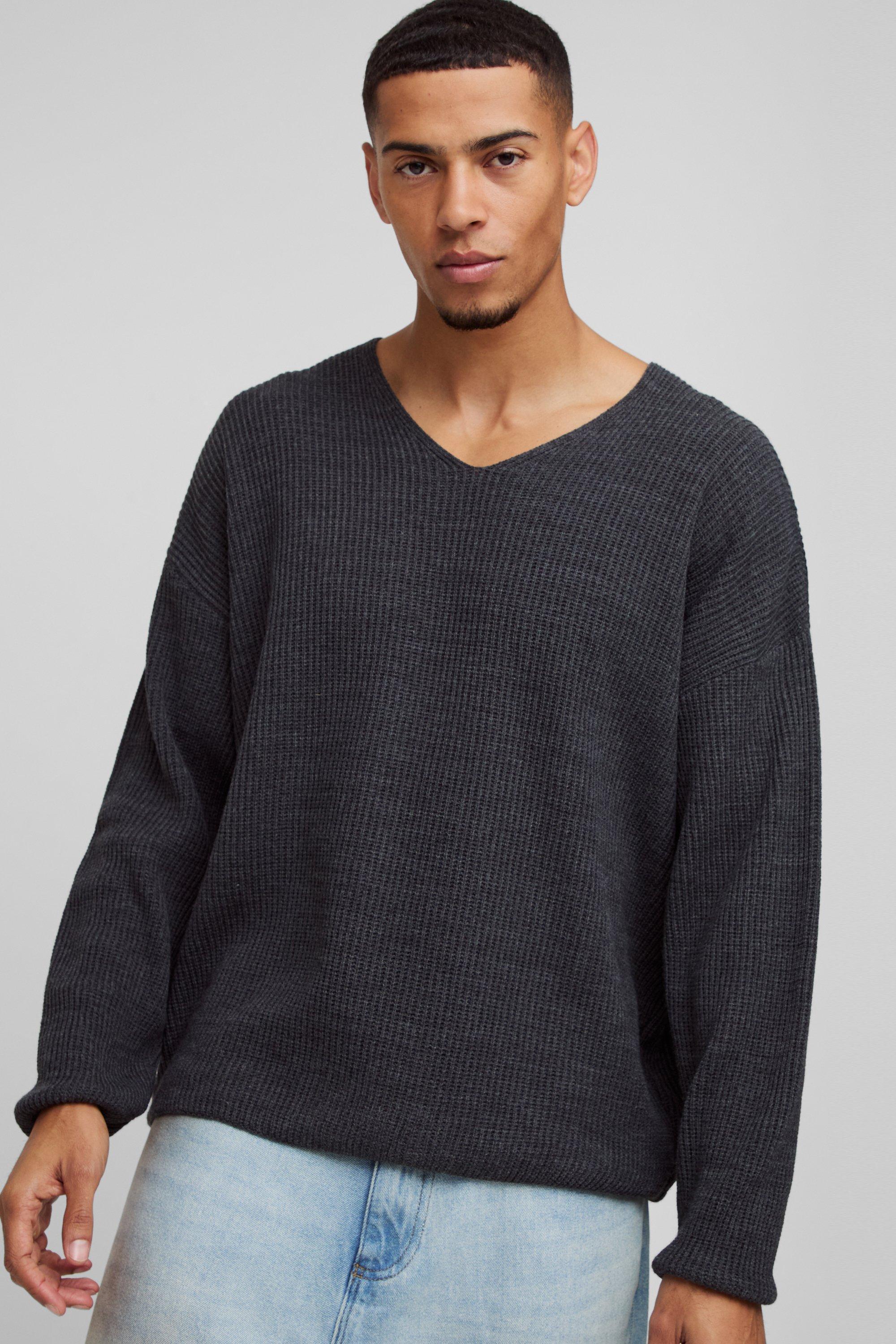 Oversized Dropped Shoulder Ribbed V Neck Knit Jumper | boohooMAN USA Product Image