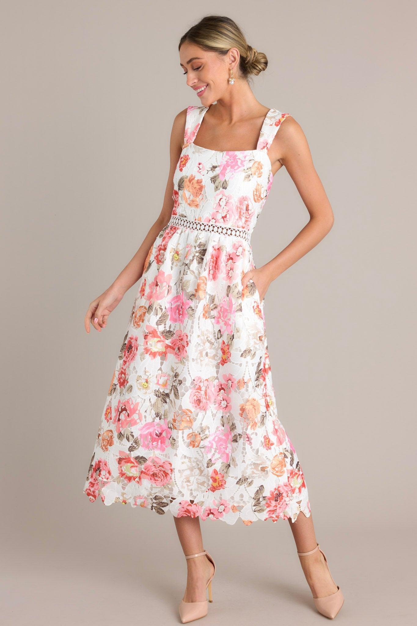 Love Blooms White Multi Floral Lace Midi Dress Product Image