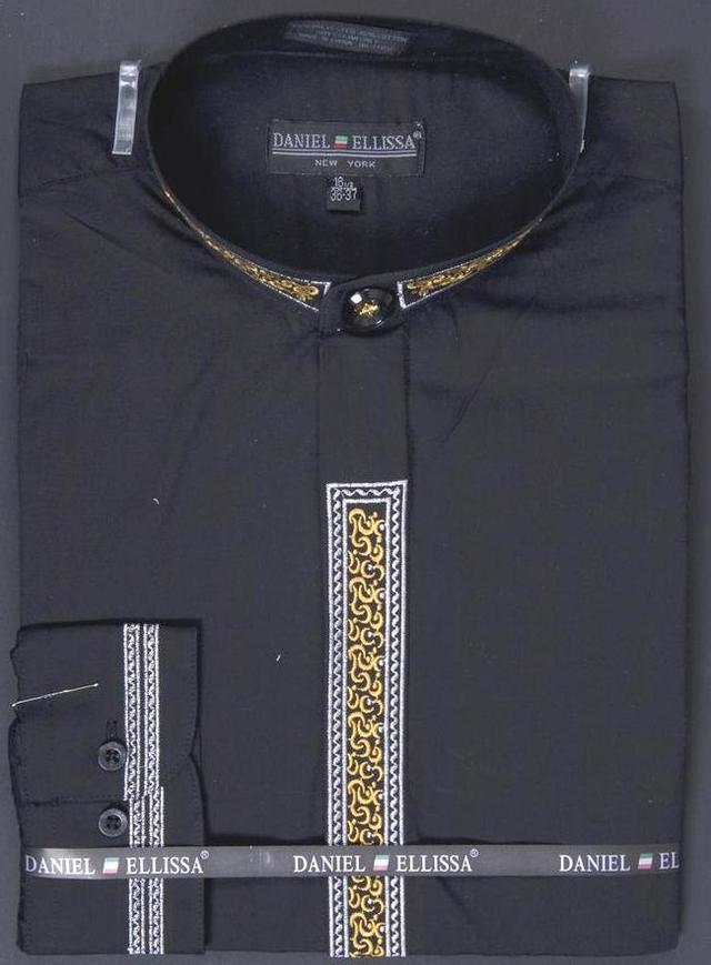 Basic Banded Collar Dress Shirt with Embroidery in Black Product Image