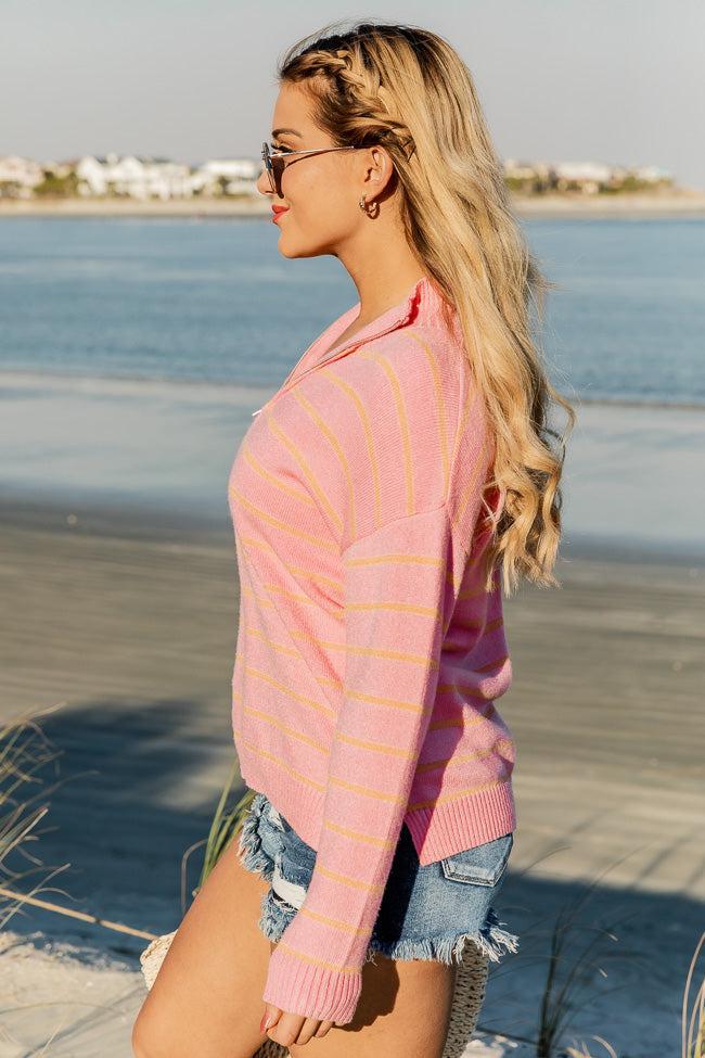 Don't Think About It Pink and Orange Striped Quarter Zip Pullover FINAL SALE Product Image