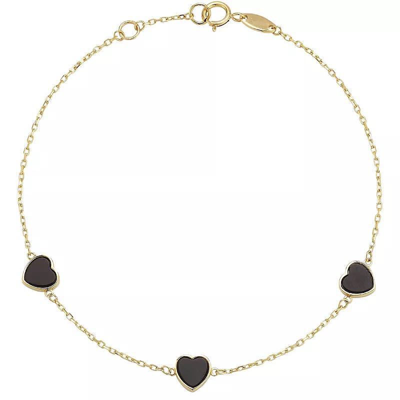 LUMINOR GOLD 14k Gold Gemstone 3-Heart Station Bracelet, Womens Black Onyx Product Image