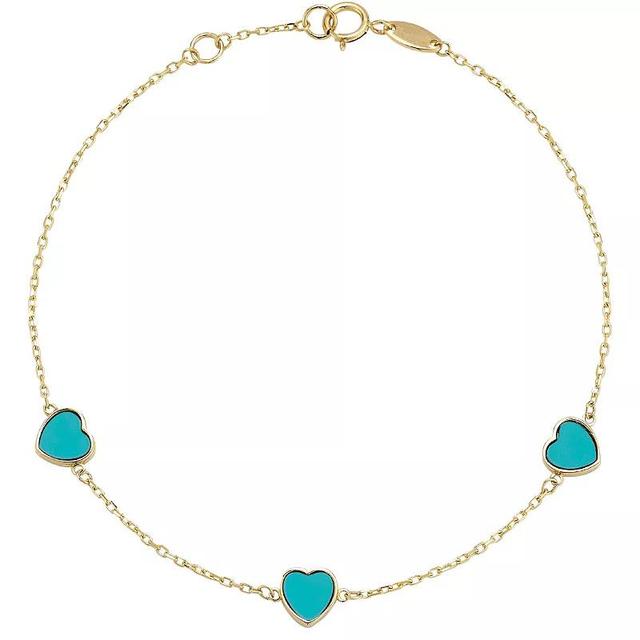 LUMINOR GOLD 14k Gold Gemstone 3-Heart Station Bracelet, Womens Turquoise Product Image