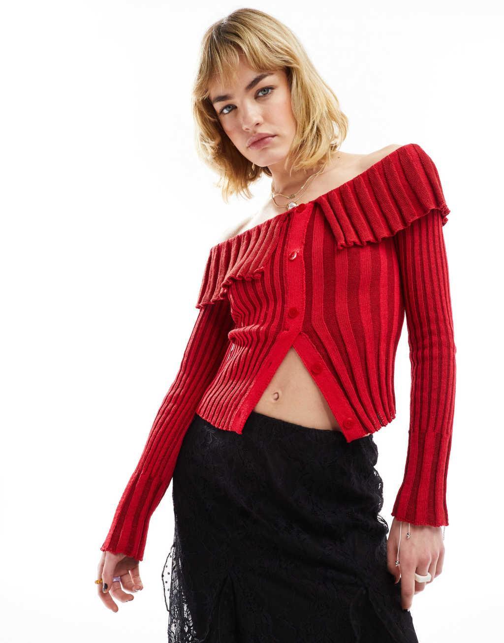 Reclaimed Vintage pleated ribbed knit off shoulder top in red Product Image