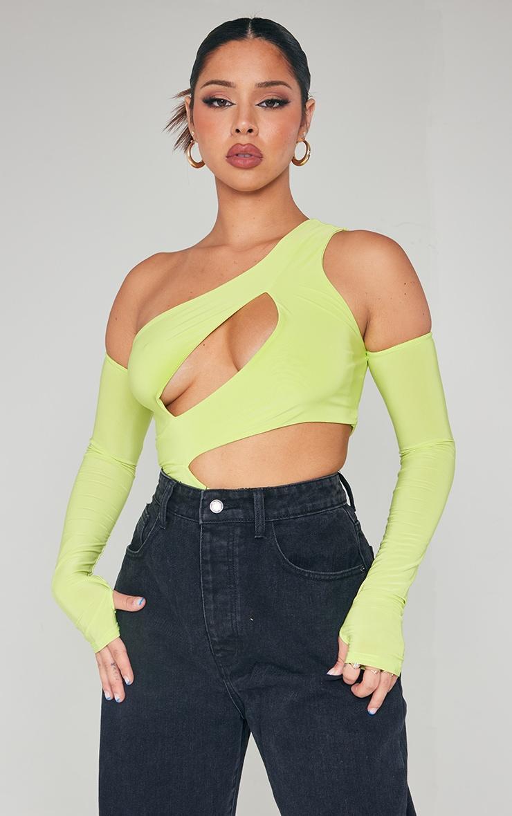 Lime Slinky Bardot Thumb Hole Cut Out Bodysuit Product Image