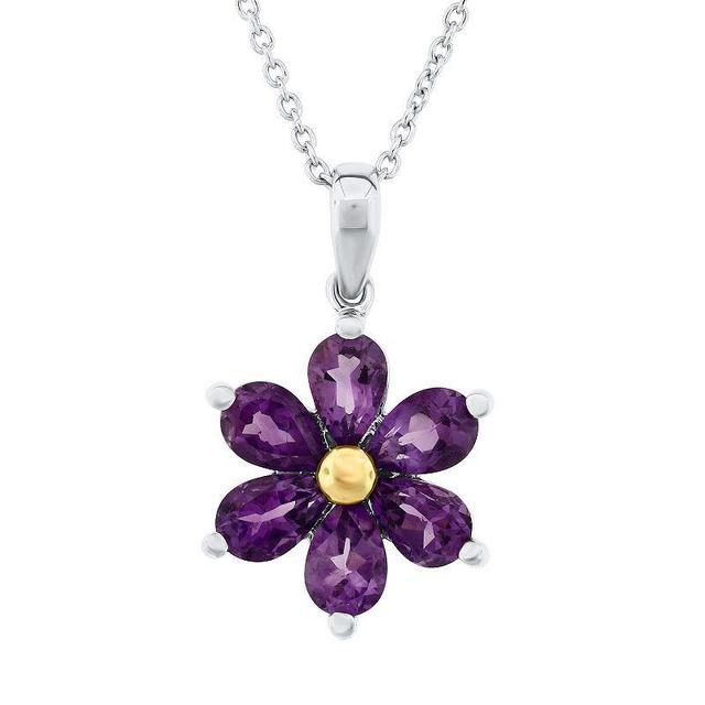 Two Tone Sterling Silver Amethyst Flower Pendant Necklace, Womens Product Image