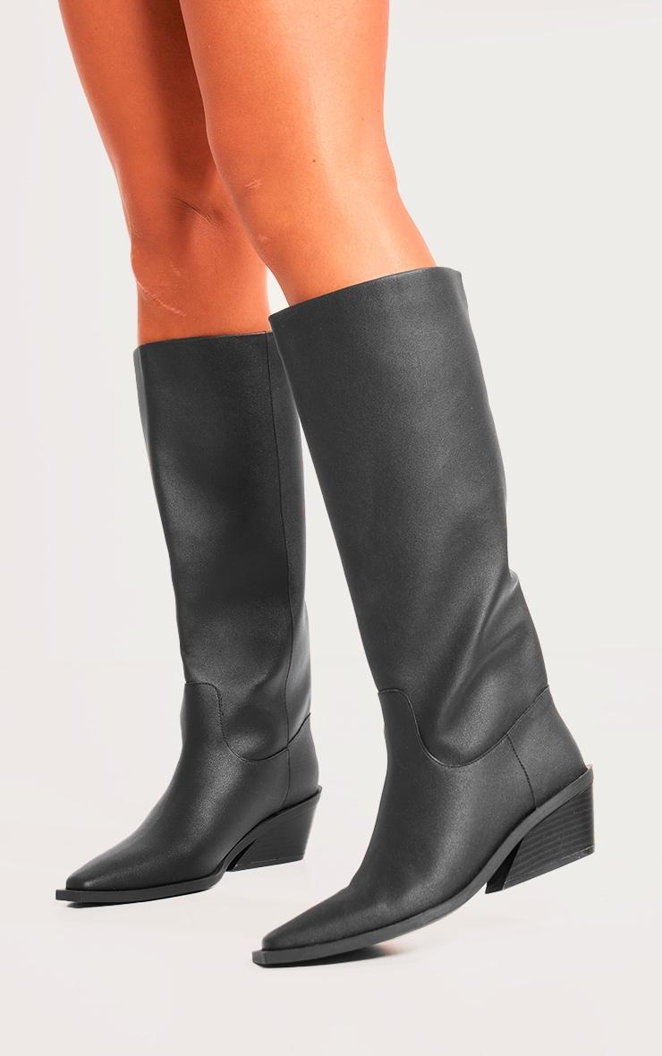 Black PU Point Toe Black Heel Western Boots Product Image