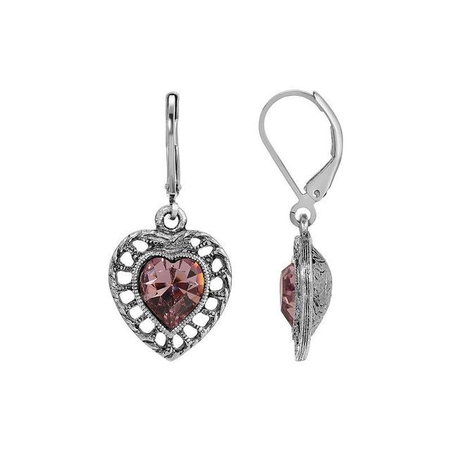 1928 Silver Tone Filigree Heart Color Stone Earrings, Womens, Purple Product Image