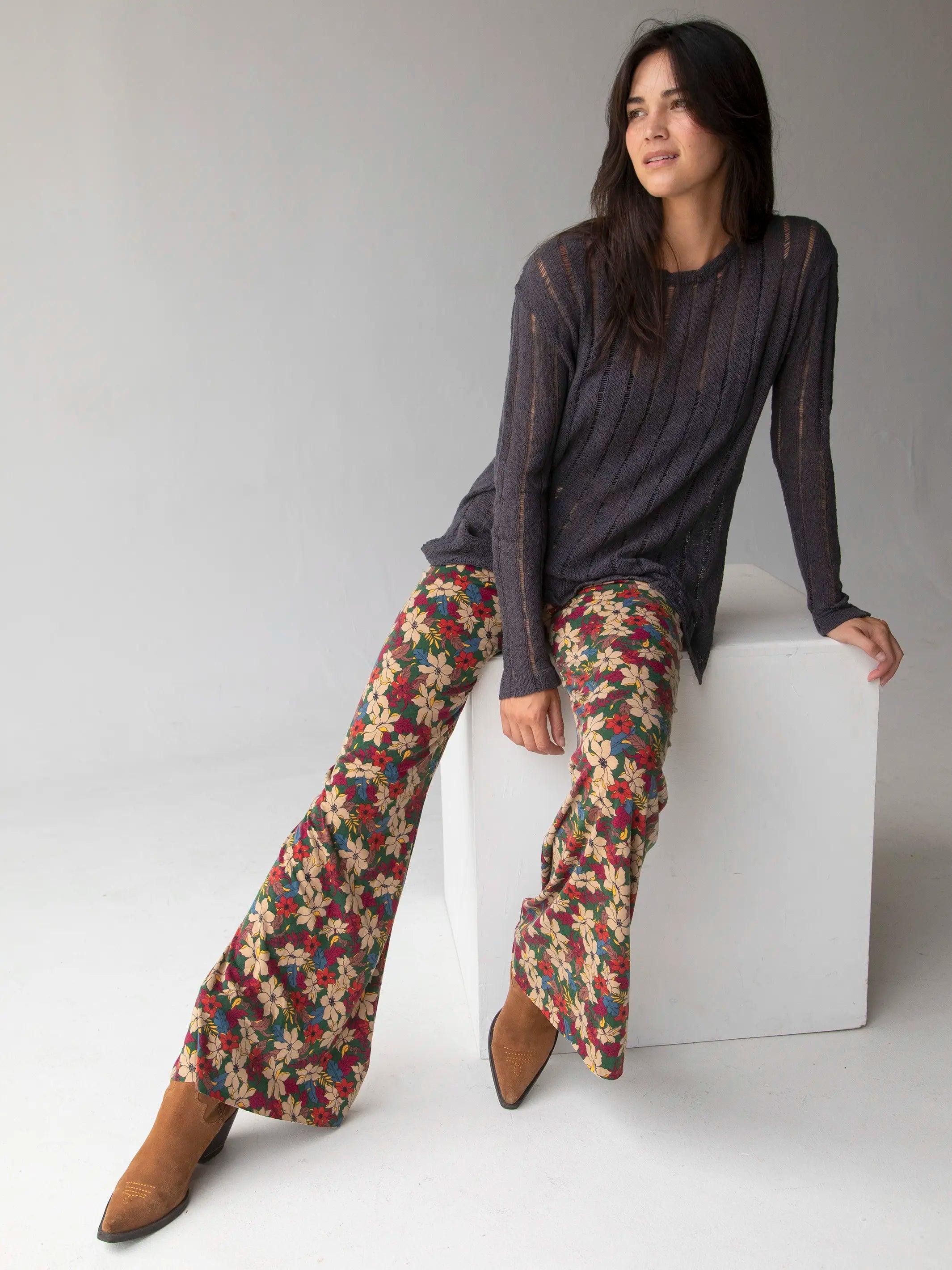 Cali Knit Flare Pant - Green White Lilies Product Image