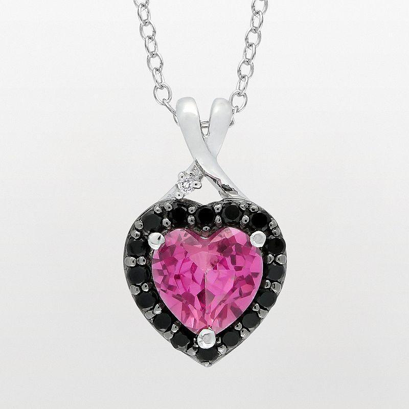 Sterling Silver Lab-Created Pink Sapphire, Black Spinel and Diamond Accent Heart Pendant, Womens, Size: 18 Product Image