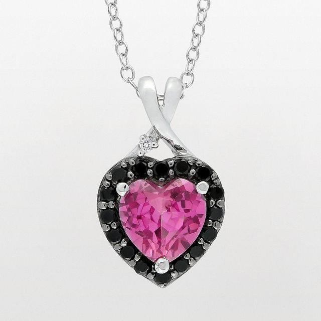 Sterling Silver Lab-Created Pink Sapphire, Black Spinel and Diamond Accent Heart Pendant, Womens, Size: 18 Product Image