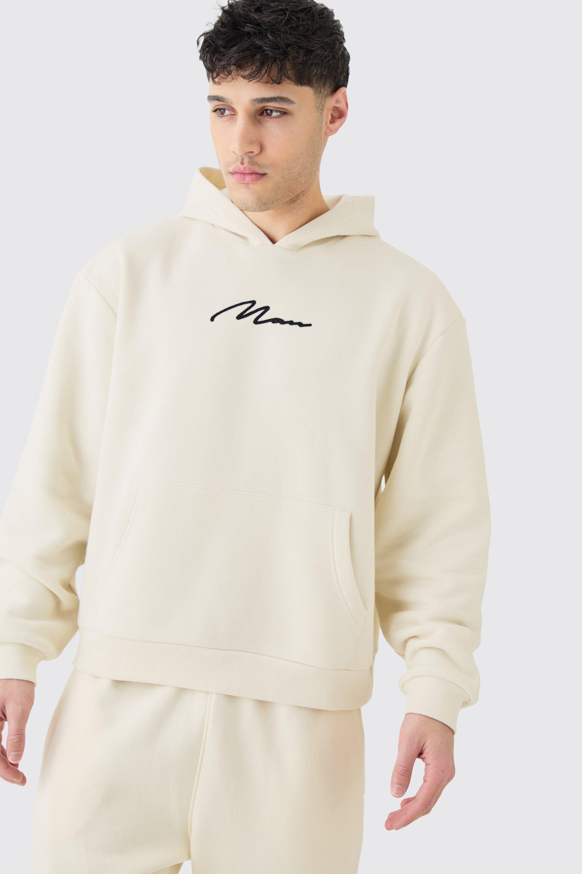 Mens Beige Oversized Boxy Man Signature Borg Applique Hoodie, Beige Product Image