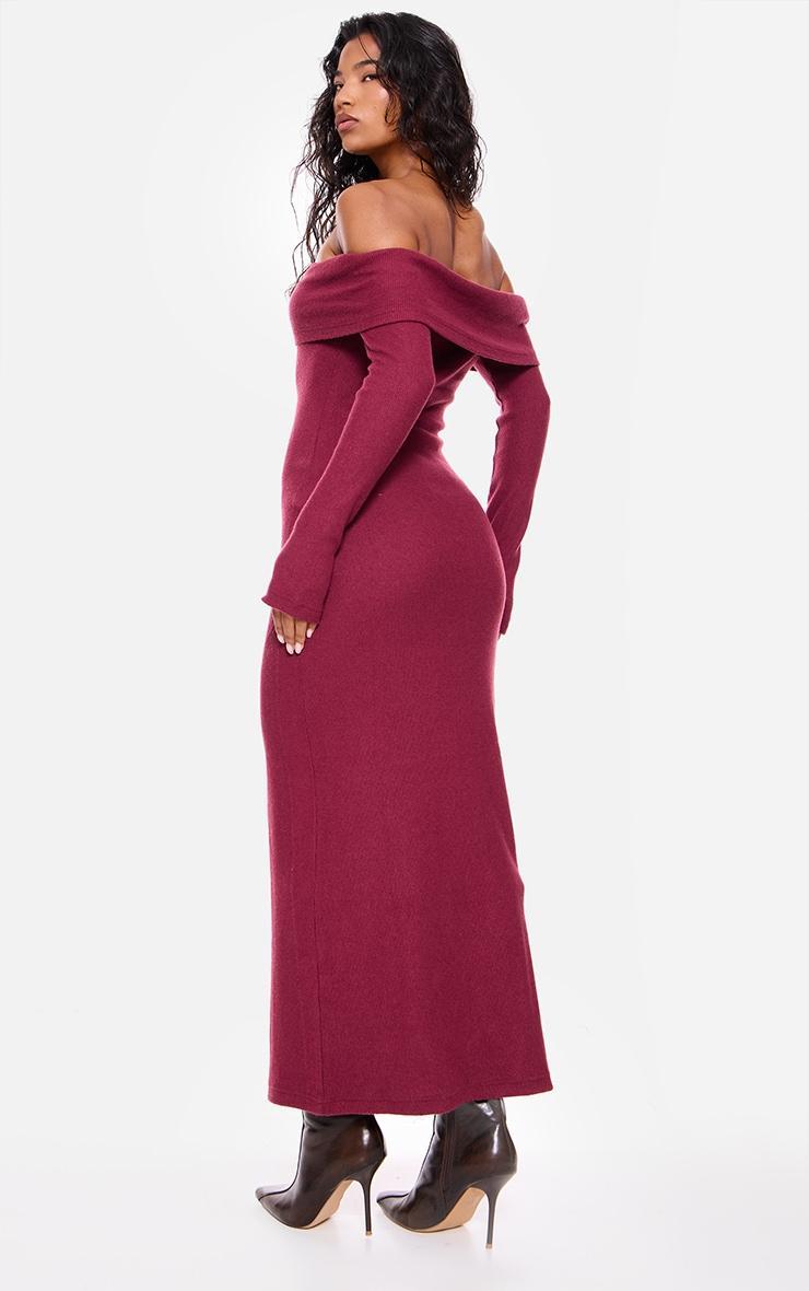 Burgundy Heavy Brushed Rib Bardot Trim Maxi Dress Product Image