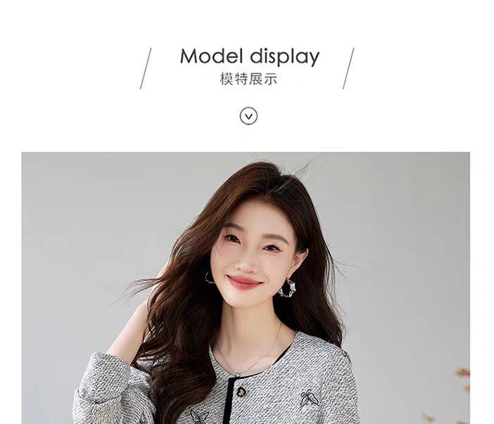 Set: Round Neck Butterfly Buttoned Jacket + High Waist Mini A-Line Skirt Product Image