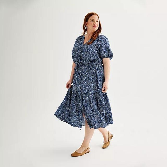 Plus Size Sonoma Goods For Life Puff Sleeve V-Neck Tiered Midi Dress, Womens Blue Navy Floral Product Image