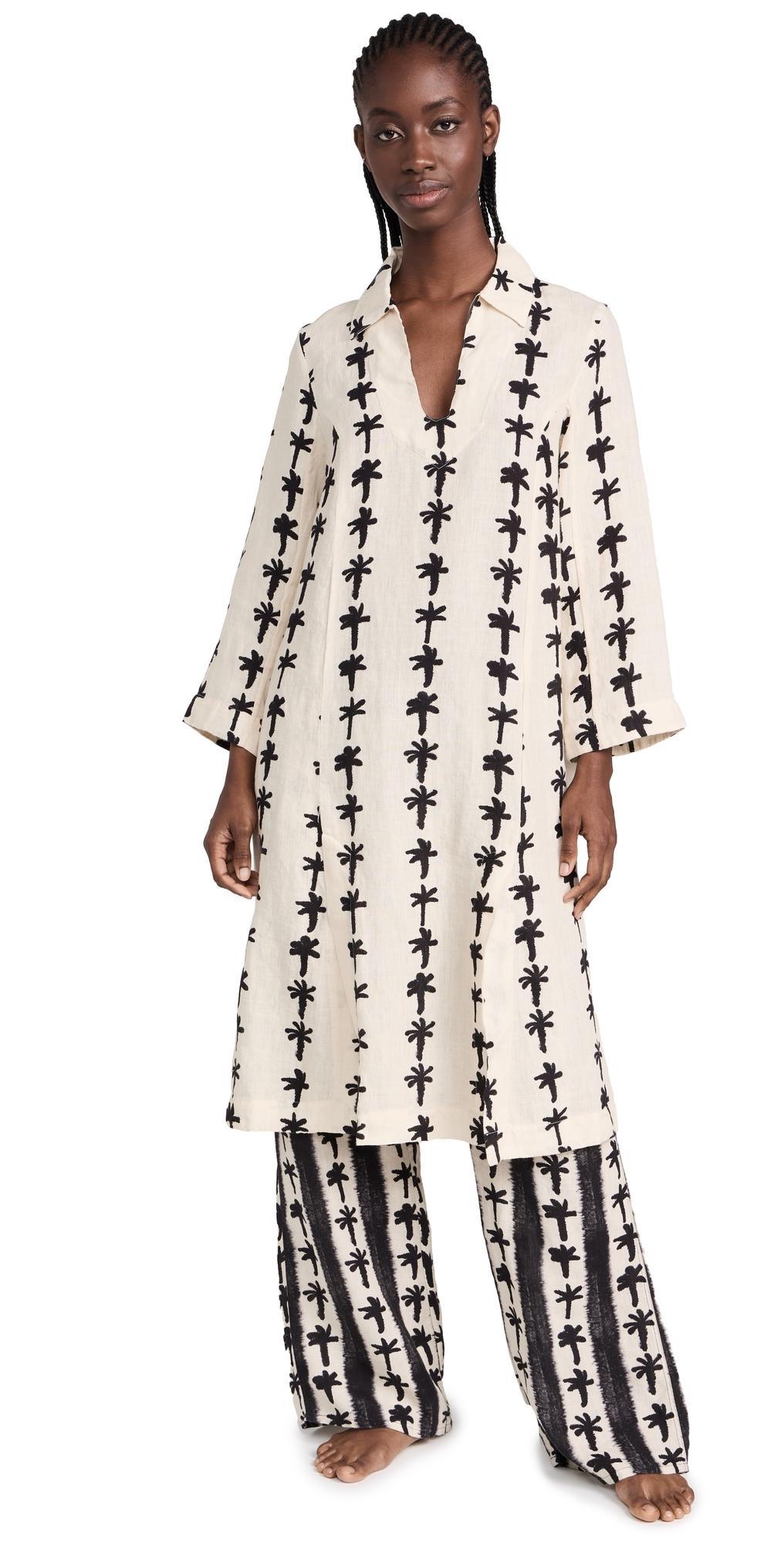 Desmond & Dempsey Womens Kaftan Lounge Set Cream/Black XL Product Image