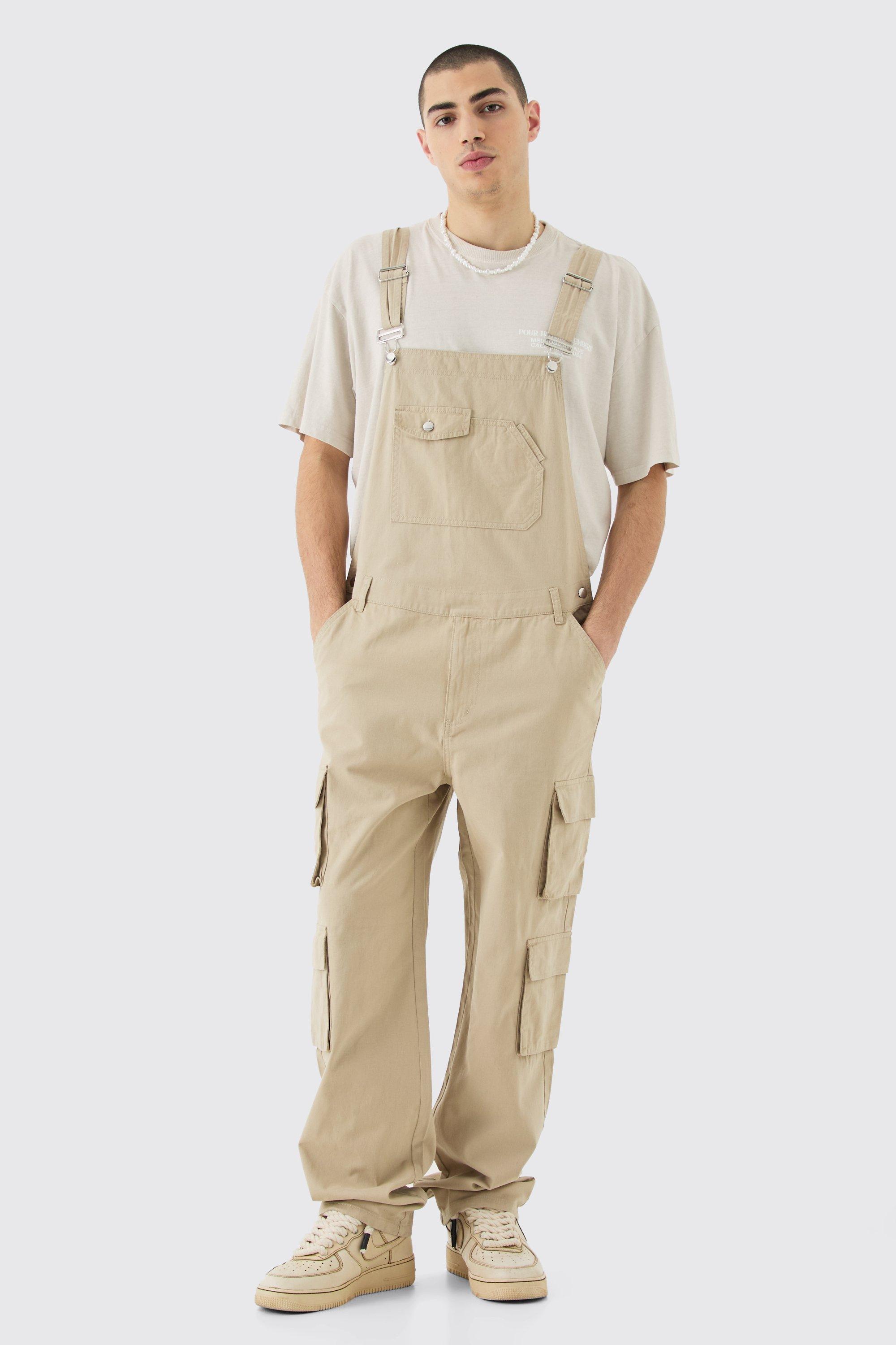 Washed Twill Multi Cargo Pocket Relaxed Fit Dungarees | boohooMAN USA Product Image