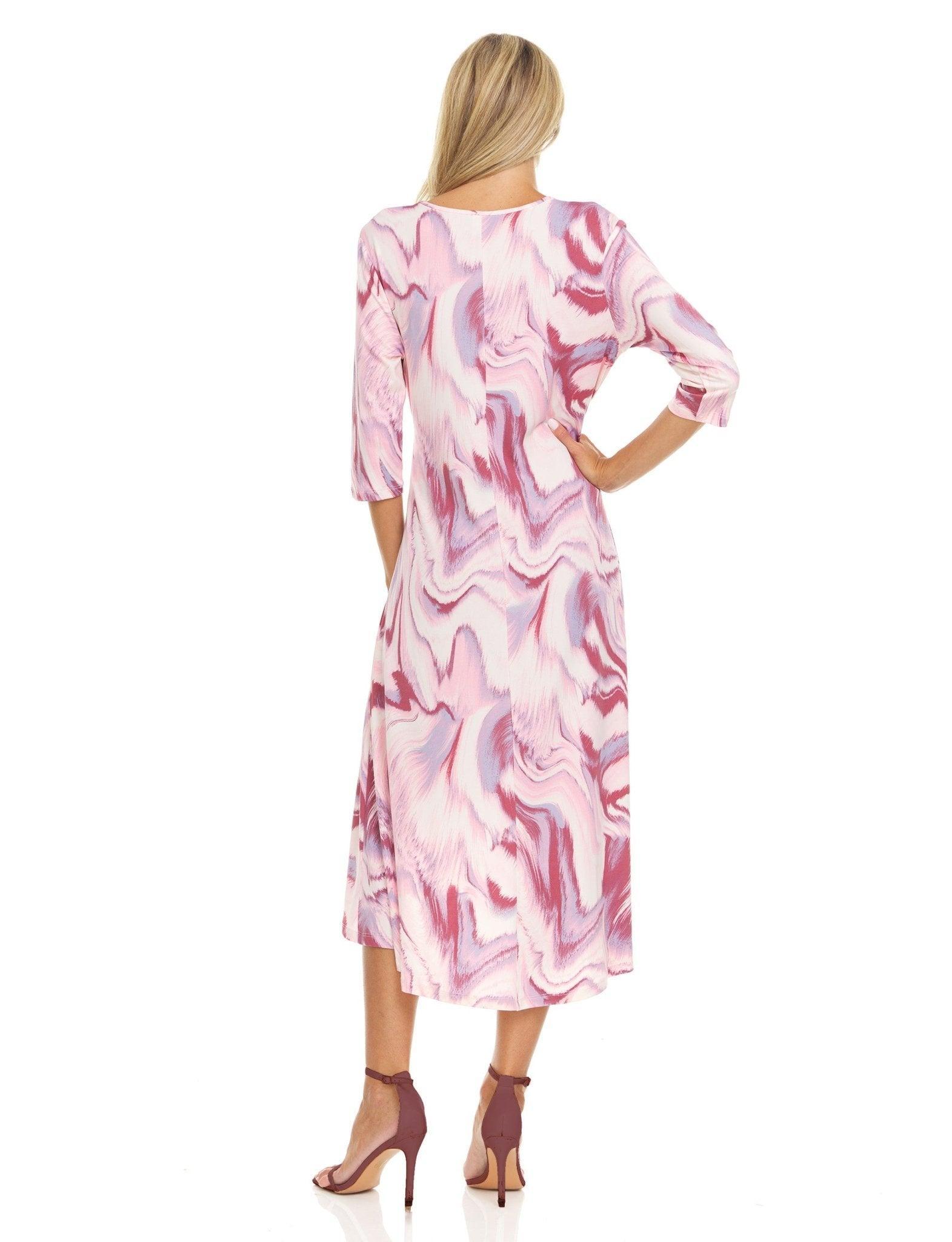 3/4 Sleeve Allover Printed Scoop Neck Midi Dress With Self Tie Belt Product Image