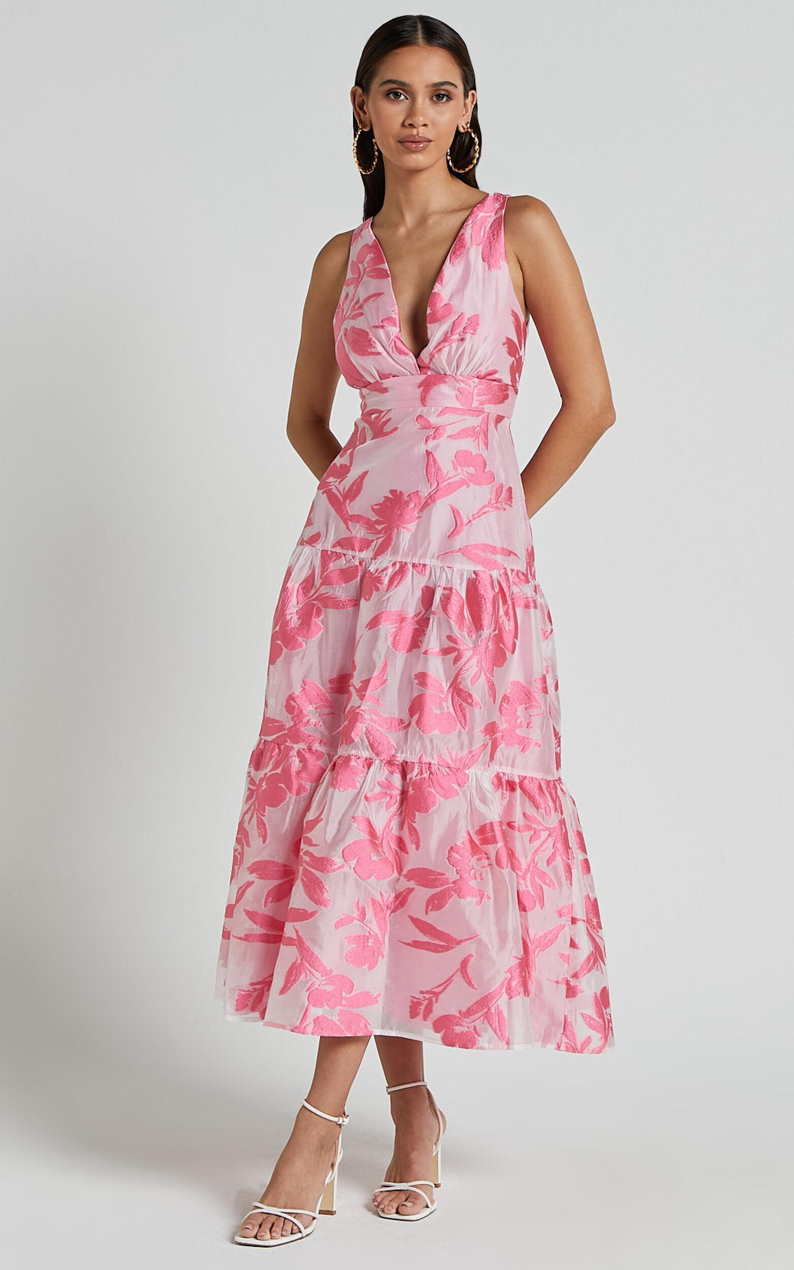 Reba Midi Dress - V Neck Tiered Jacquard Dress in Pink Product Image