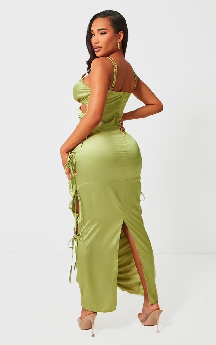 Shape Olive Satin Ruched Strappy Detail Maxi Dress Product Image