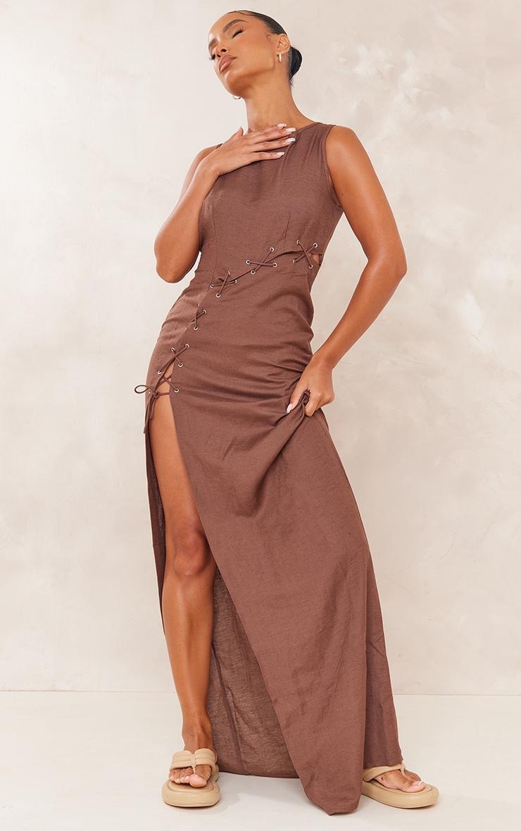 Chocolate Linen Look Lace Up Eyelet Detail Maxi Dress Product Image