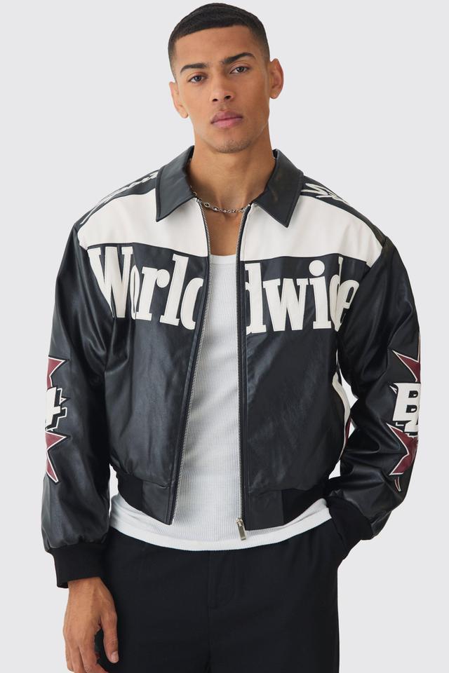 Boxy Worldwide Collared PU Bomber Jacket In Black | boohooMAN USA Product Image