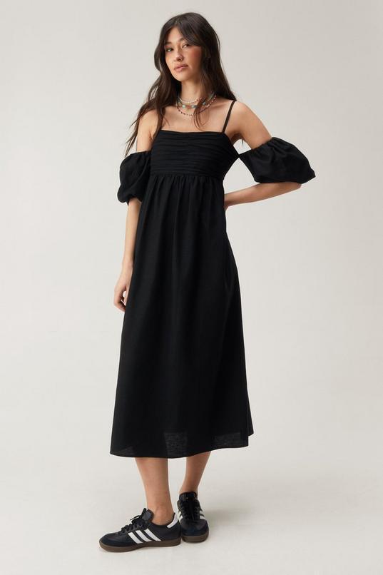 Linen Mix Strappy Puff Sleeve Midi Dress product image