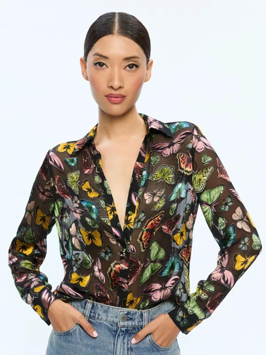 ALICE AND OLIVIA Eloise Button Down Blouse In Boundless Butterfly Black Product Image