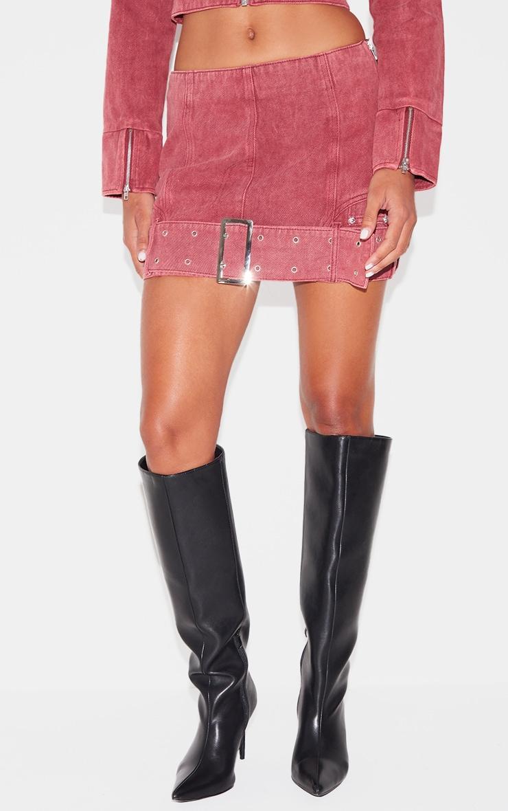 Washed Red Buckle Detail Denim Mini Skirt Product Image