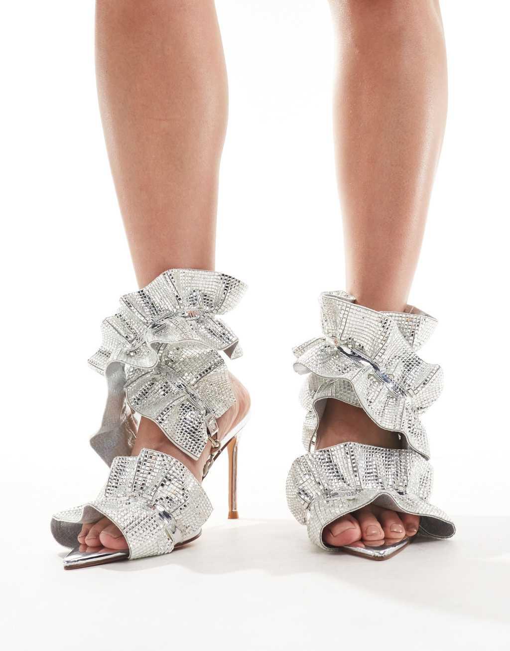 Azalea Wang Twizzler ruched embellished strap heeled sandals in silver Product Image