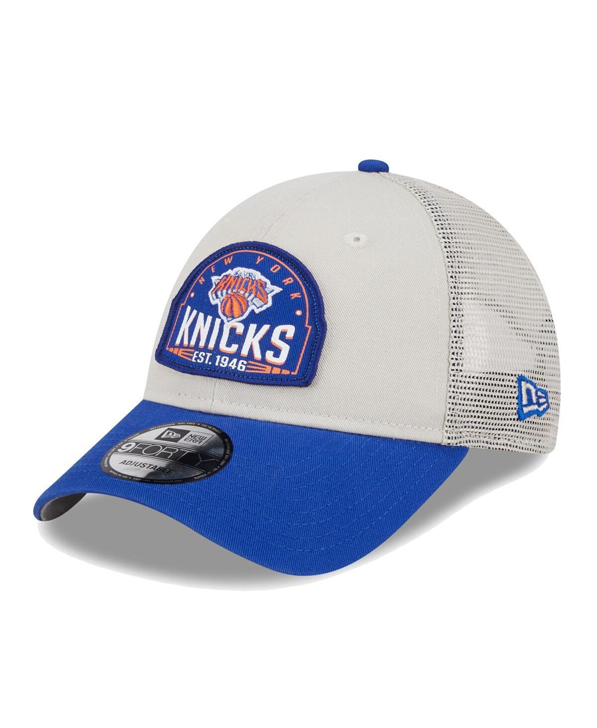 Mens New Era Khaki/Blue New York Knicks Throwback Patch Trucker 9FORTY Adjustable Hat Product Image