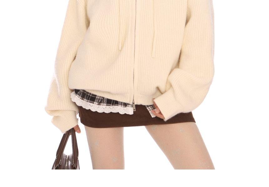 Plaid Panel Drawstring Hooded Ribbed Zip Cardigan Product Image