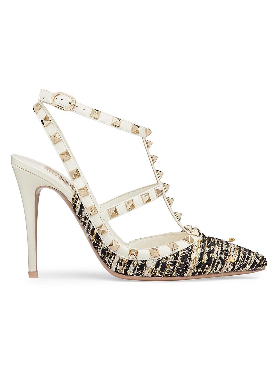 Womens Rockstud Tweed Pumps With Straps 100 MM Product Image