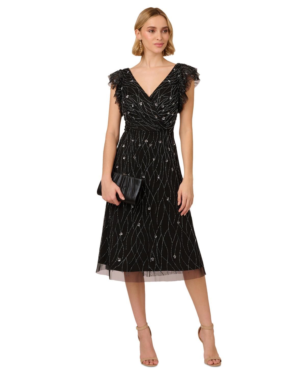 Adrianna Papell Womens Beaded Flutter-Sleeve Midi Dress Product Image