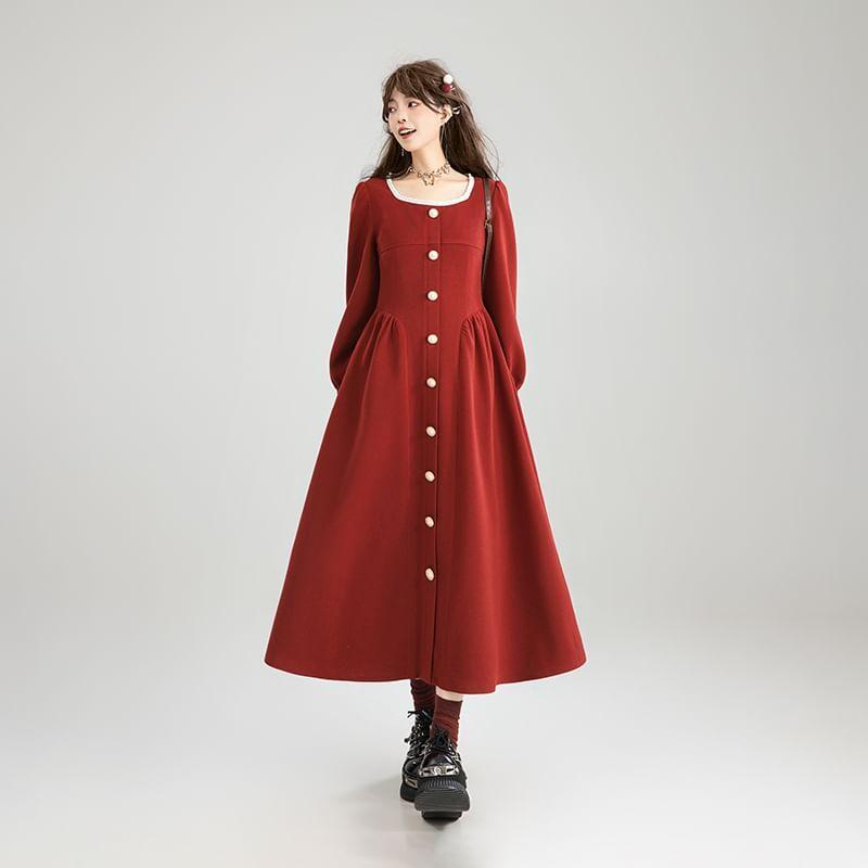 Long Sleeve Square Neck Faux Pearl Trim Button Gathered Midi A-Line Dress Product Image