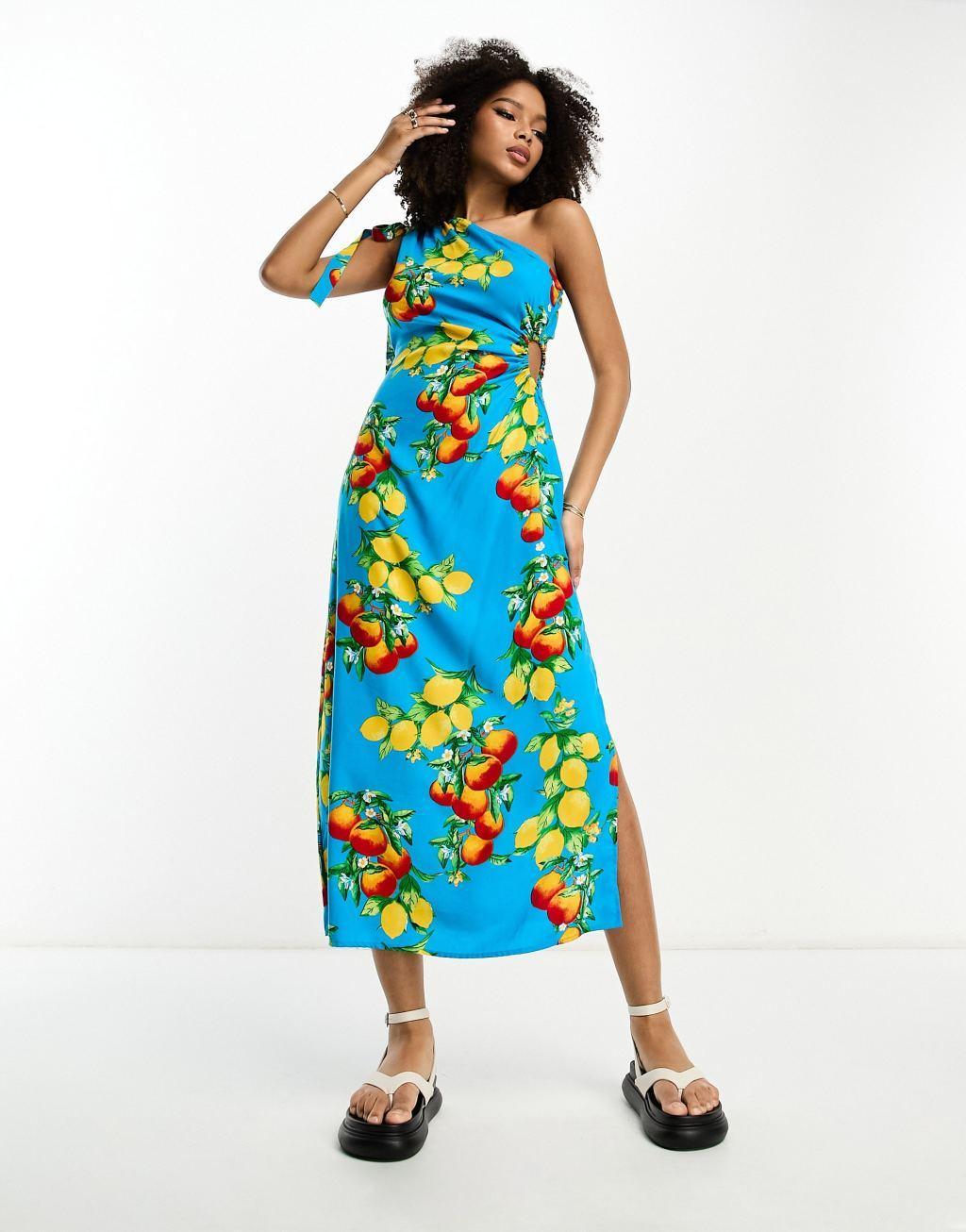 ASOS DESIGN one shoulder cut out midi dress in blue fruit print Product Image