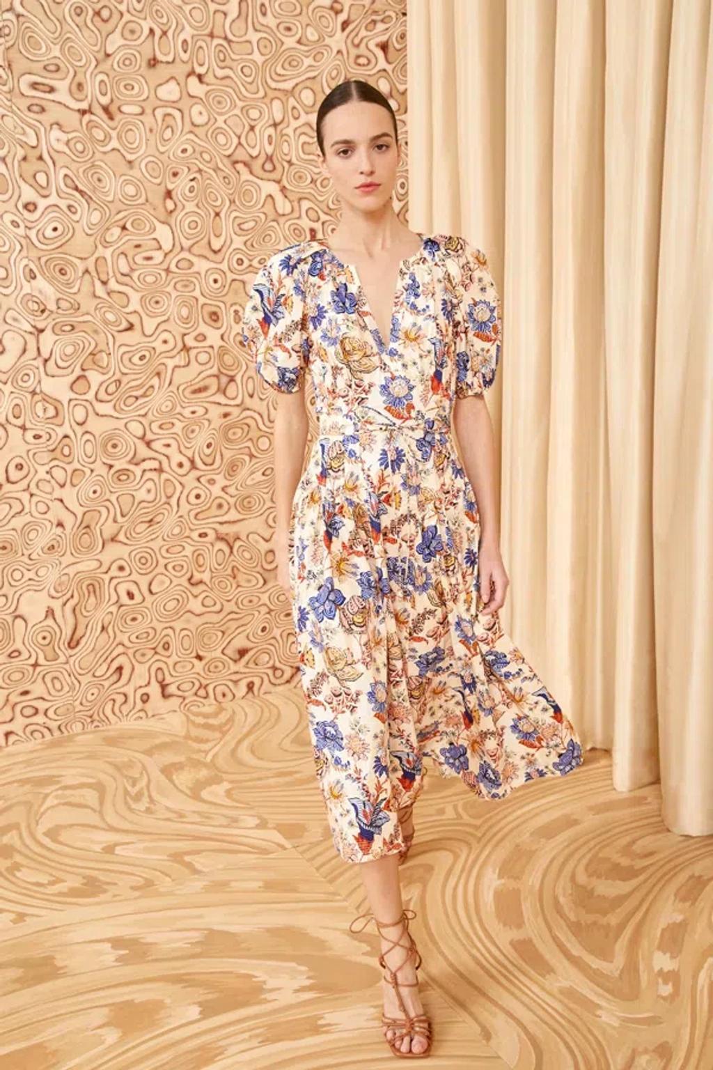 Carina Floral Cotton Poplin Puff-sleeve Midi Dress In Magnolia Product Image