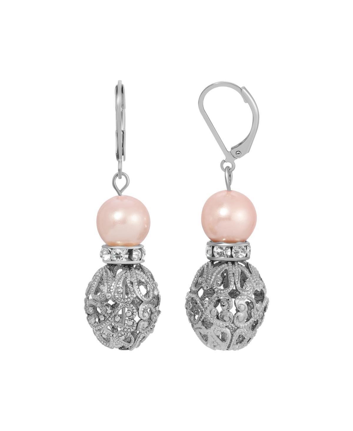 1928 Silver Tone Filigree Faux Pearl Drop Earrings, Womens, Pink Product Image