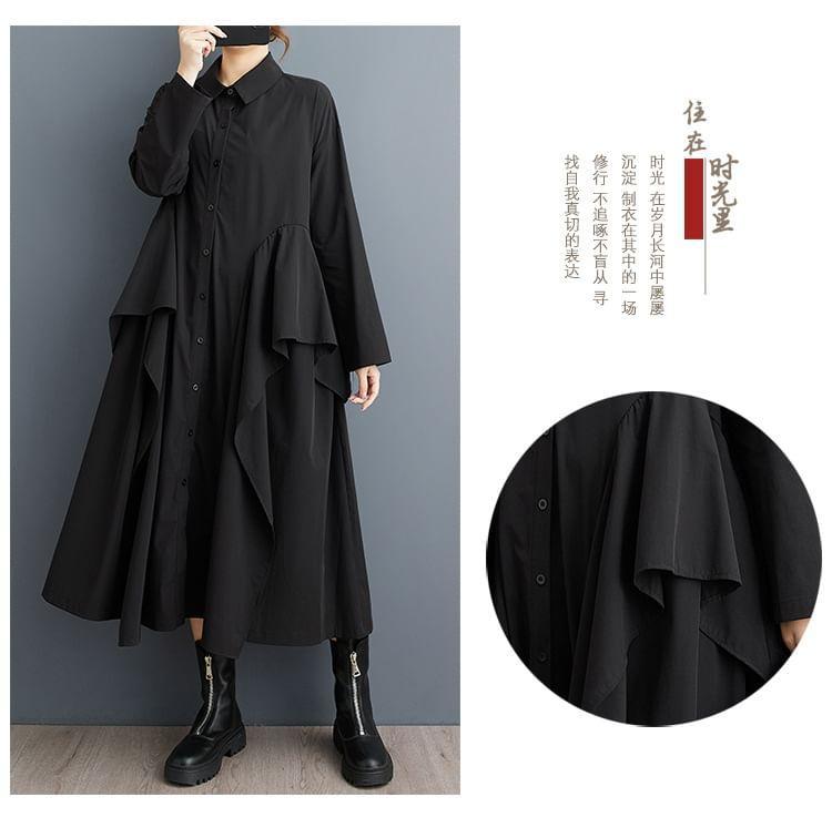 Long-Sleeve Plain Asymmetrical Midi A-Line Shirt Dress Product Image