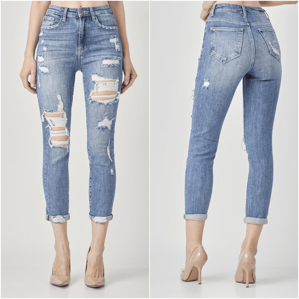 Plus High Rise Distressed Girlfriend Jeans Product Image