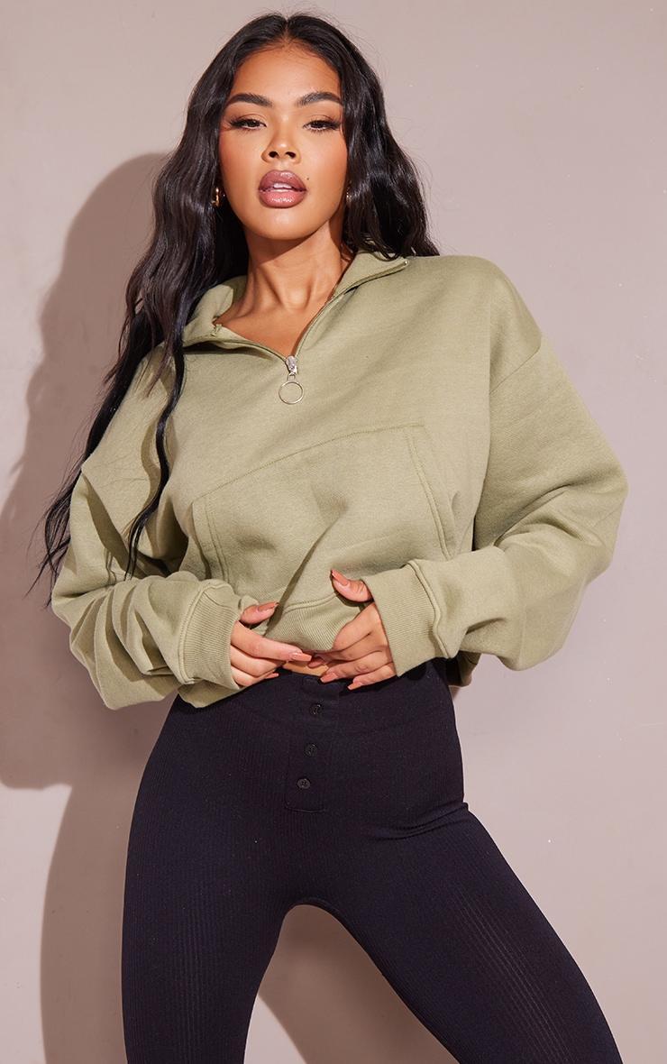 Khaki Half Zip High Neck Cropped Sweat Product Image