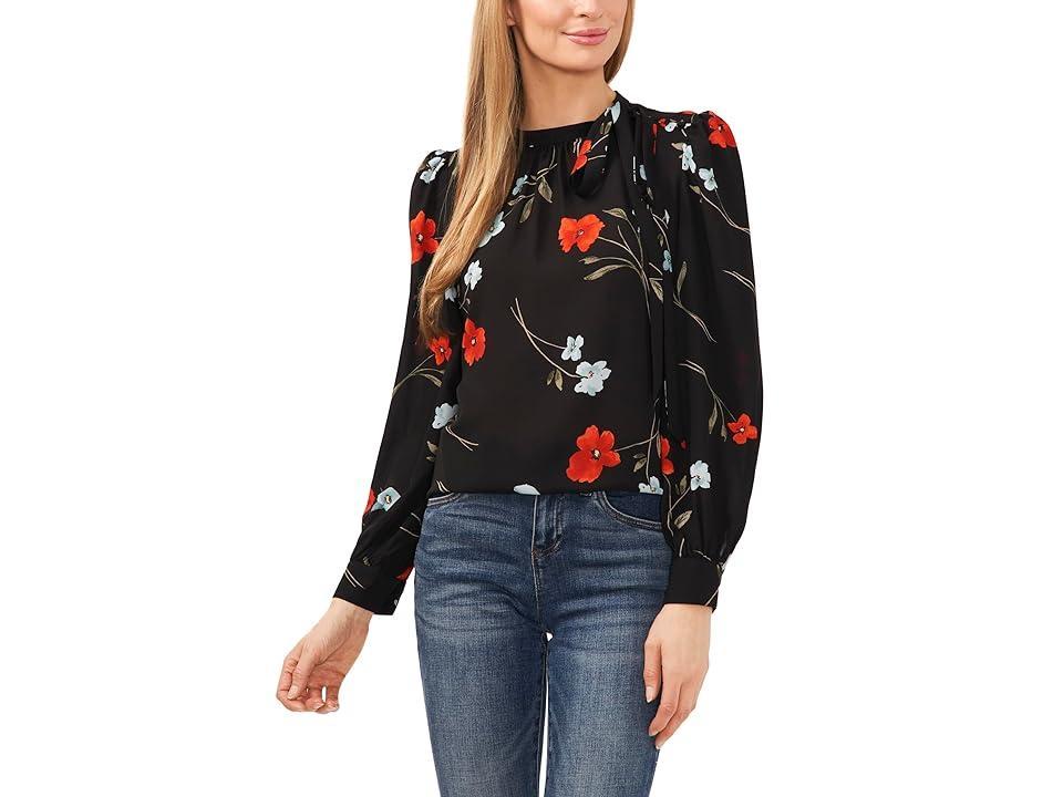 CeCe Button Detail Floral Tie Neck Blouse Product Image