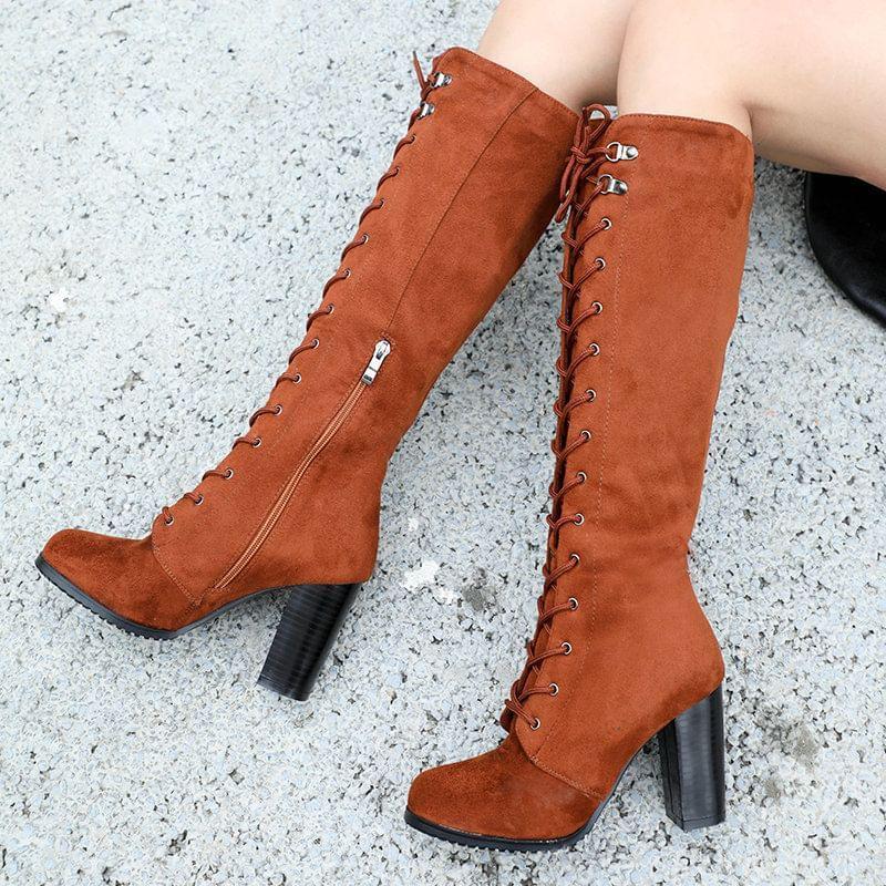 Block Heel Faux Leather Lace-Up Tall Boots product image