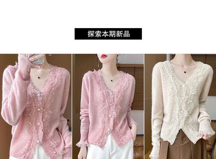 V-Neck Plain Lace Trim Fringed Button-Up Cardigan Product Image