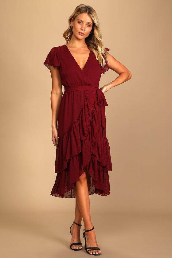 Have Harmony Burgundy Swiss Dot Ruffled Faux Wrap Midi Dress Product Image