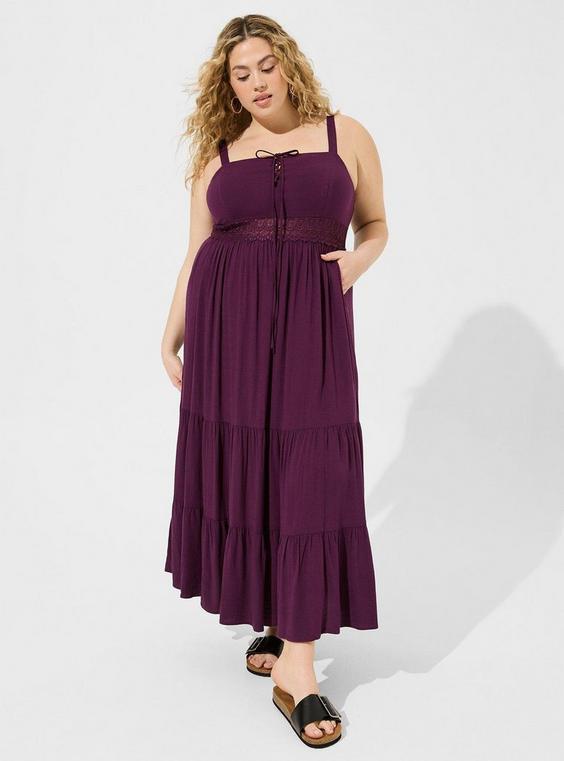 Maxi Rayon Slub Lace Up Tiered Dress Product Image